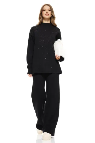 Compleu dama tricotat negru premium cu casmir pulover paiete fine si pantalon larg