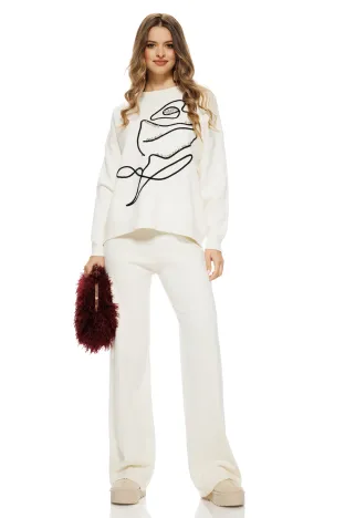 Compleu dama tricotat premium crem pantalon drept cu pulover trandafir stilizat cristale