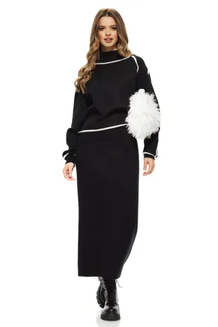 Compleu dama tricotat premium negru cu fusta midi si pulover cu  dungi albe