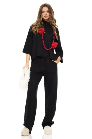 Compleu dama tricotat premium negru cu pantalon si pulover cu mansete late