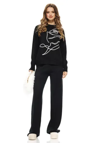 Compleu dama tricotat premium negru pantalon drept cu pulover trandafir stilizat cristale