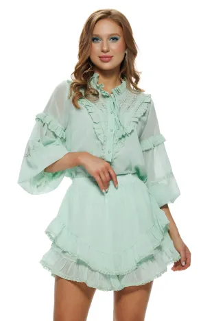Compleu dama verde menta elegant camasa si fusta cu volane si dantela