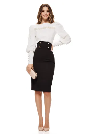 Fusta eleganta Fofy conica neagra cu talie inalta cu nasturi pretiosi perle in talie