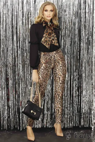 Pantalon Fofy conic animal print cu bandă laterală neagră