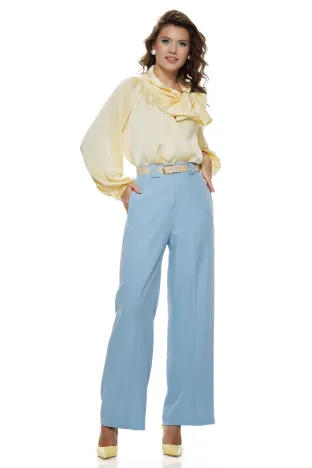 Pantalon dama elegant baby blue wide cu buzunare si curea