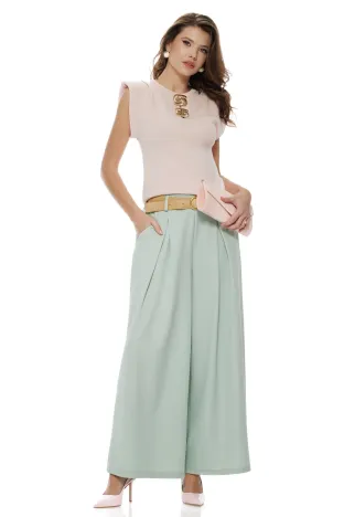 Pantalon dama elegant verde menta premium wide cu pense curea inclusa