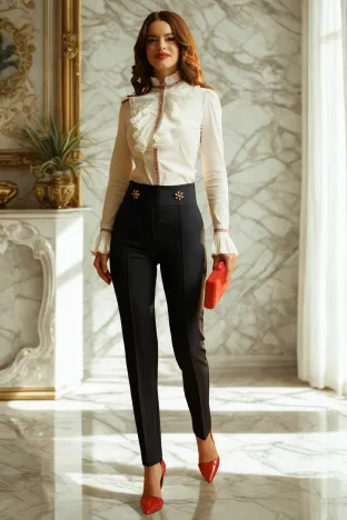 Pantaloni Fofy bleumarin cu talie inalta usor elastici si betelie lata si nasturi  aurii