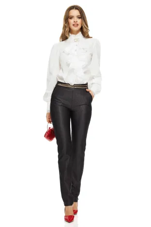 Pantaloni Fofy negri conici cu dungi fine si talie inalta cu accesoriu metalic material elastic