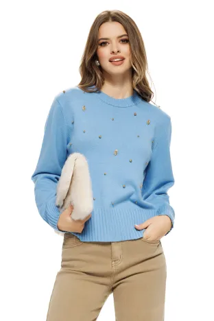 Pulover dama elegant albastru ciel din casmir bumbac si lana cu aplicatii de cristale si perlute aurii