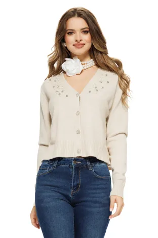Pulover dama elegant bej stil jacheta cu nasturi cristal si aplicatii de perle si strasuri