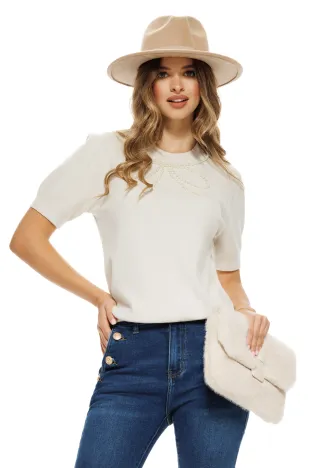 Pulover dama elegant crem cu fundita de perle la decolteu