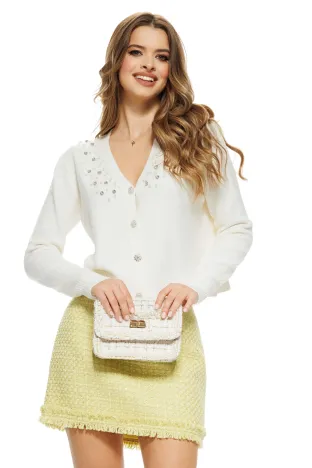 Pulover dama elegant crem stil jacheta cu nasturi cristal si aplicatii de perle si strasuri