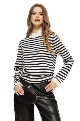 Pulover dama elegant din casmir bumbac si lana cu dungi crem cu negru volanase de dantela alba