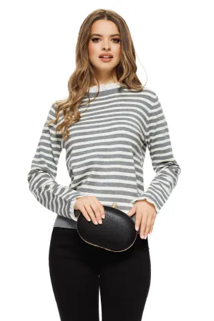 Pulover dama elegant din casmir bumbac si lana cu dungi gri volanase de dantela alba