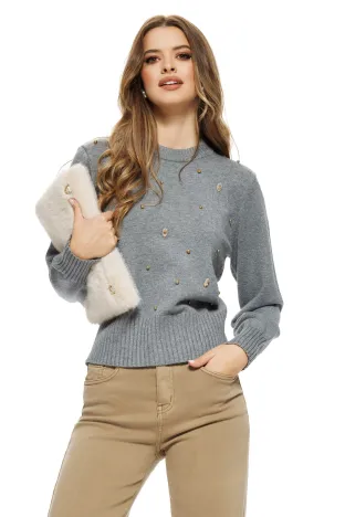 Pulover dama elegant gri din casmir bumbac si lana cu aplicatii de cristale si perlute aurii