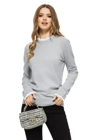 Pulover dama elegant gri premium din casmir bumbac si volanase de dantela alba