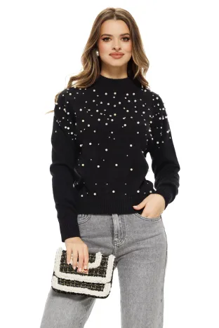 Pulover dama elegant negru cu aplicatii de perle si strasuri