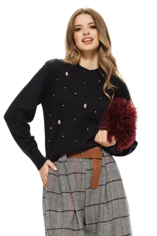 Pulover dama elegant negru din casmir bumbac si lana cu aplicatii de cristale si perlute aurii