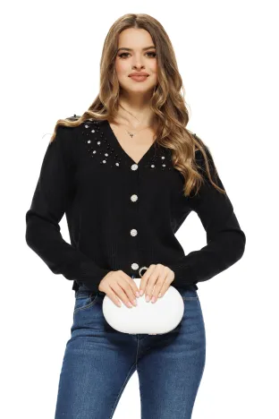 Pulover dama elegant negru stil jacheta cu nasturi cristal si aplicatii de perle si strasuri