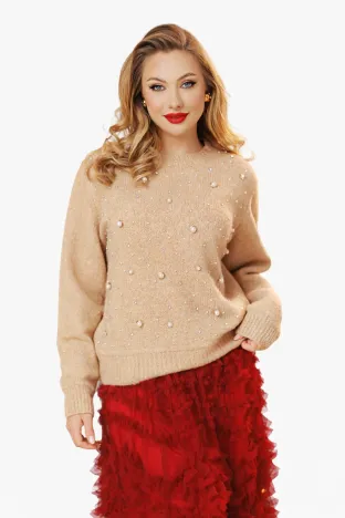 Pulover dama festiv premium bej cu fir de lurex perle si cristale
