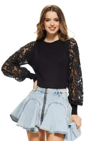 Pulover dama premium negru cu maneci din dantela premium si manseta lata