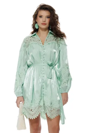 Rochie damă verde menta eleganta diafana din organza satinata broderie aplicata