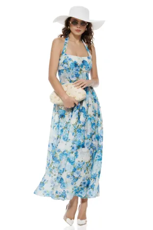 Rochie de vara din bumbac imprimeu floral alb cu albastru cupe buretate