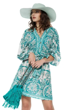 Rochie de vara mini din bumbac imprimeu paisley bohemian verde cu alb