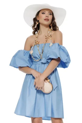 Rochie de vara scurta din bumbac bleu cu maneci bufante
