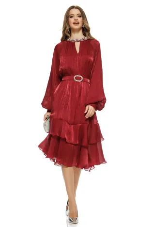 Rochie eleganta de ocazie din voal satinat bordo premium cu aplicatii de cristale