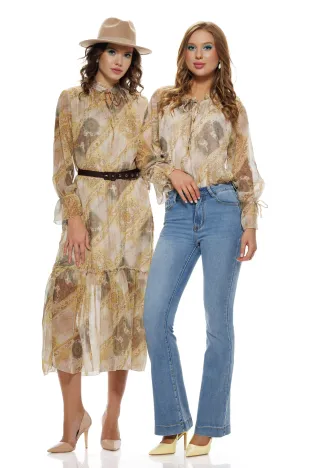 Rochie eleganta din voal matasos galben cu volane si imprimeu paisley