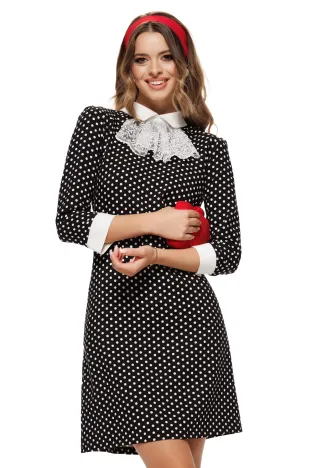 Rochie eleganta Fofy croi in A cu imprimeu buline cu guler alb si  jabou din dantela