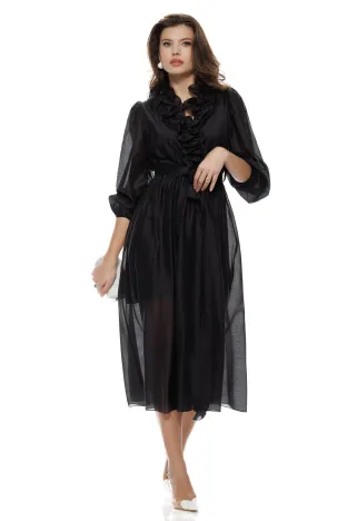 Rochie eleganta midi neagra din matase de tencel cu jabou elaborat