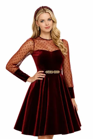 Rochie Fofy clos din catifea bordo cu maneci bufante din tull cu buline