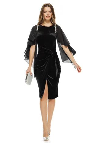 Rochie Fofy de ocazie neagra cu nod stilizat si maneci pretioase din voal cu sciplici