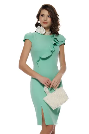 Rochie  eleganta Fofy verde menta premium conica cu volan feminin si crapatura pe picior