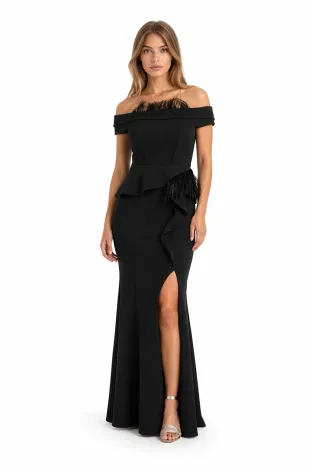 Rochie lungă neagra de ocazie tip sirena cu aplicatii de pene