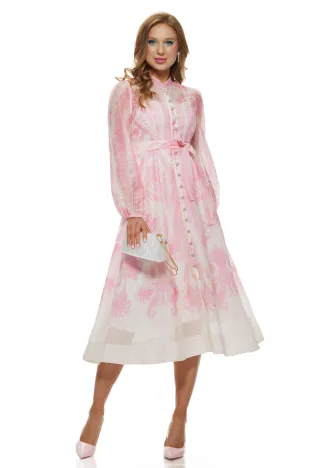 Rochie lunga premium roz din organza cu imprimeu paisley baroc cu buzunare si nasturi cristal