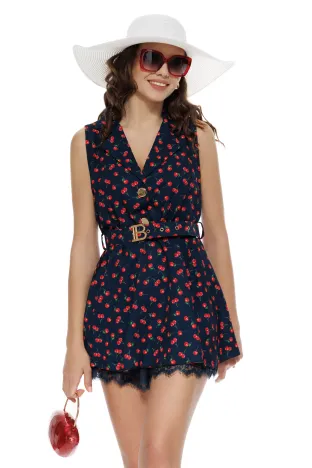 Rochie mini de vara bleumarin cu revere cu dublura de pantalon scurt conturat cu dantela imprimeu cirese