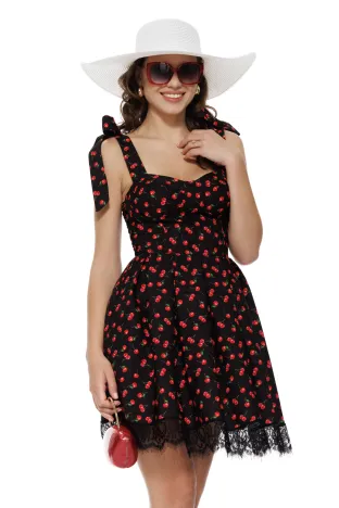 Rochie mini de vara neagra cu cirese cupe buretate fusta in pliuri conturata cu dantela