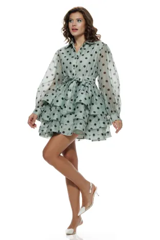 Rochie premium verde menta din organza cu buline volane suprapuse intarite