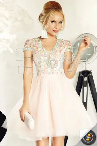 Rochie  Fofy roz amplă de ocazie din tulle și dantelă pastelată cu flori brodate
