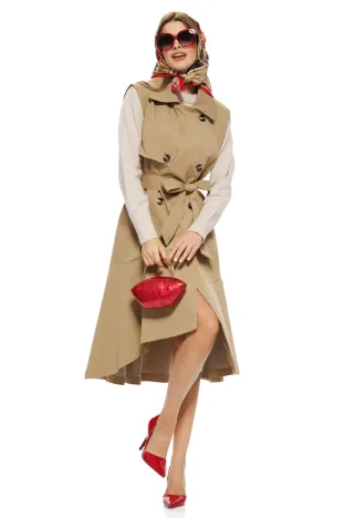 Rochie stil trench bej fara maneci captusita cu volan si buzunare