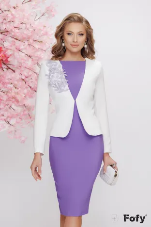 Sacou dama de ocazie alb Fofy cu aplicatie de broderie si perle mov