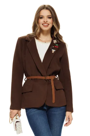 Sacou dama elegant din stofa supersoft maro cu accesorii aurii si curea