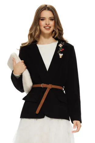 Sacou dama elegant negru din stofa supersoft cu accesorii aurii si curea