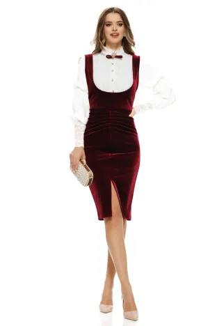Sarafan Fofy damă bordo elegant din catifea , midi ,croi cambrat