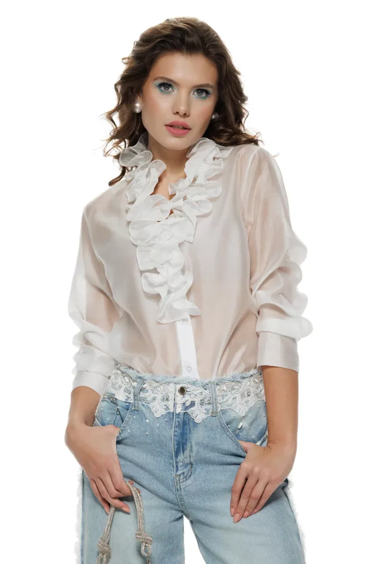 Blugi dama wide premium albastru deschis elastici cu broderie margele cristale si perle picture - 2