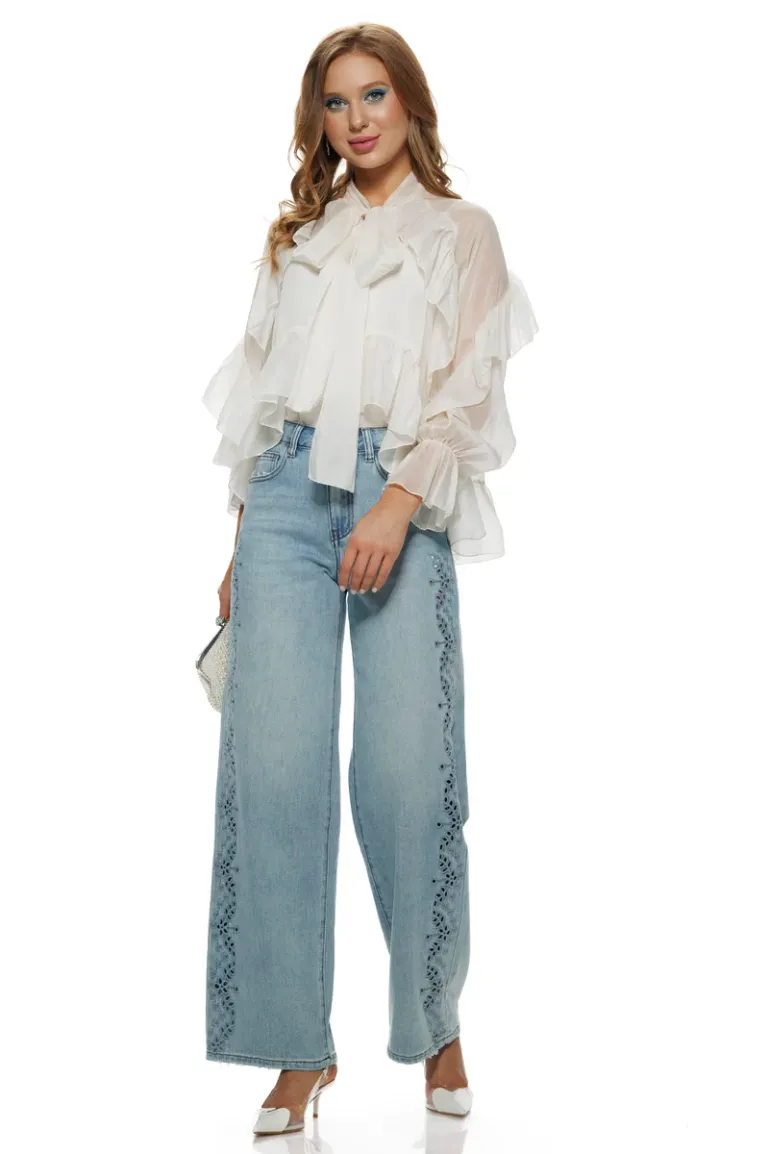 Bluza dama eleganta cloud dancer din organza premium cu volane funda si maiou picture - 2