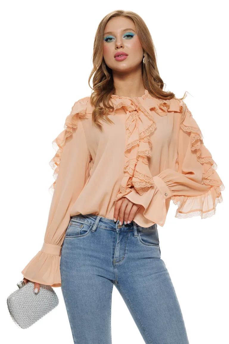 Bluza dama eleganta din voal piersica cu volane sofisticate conturate cu dantela picture - 3